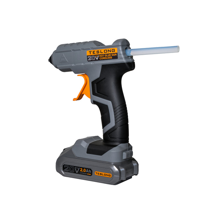 Cordless hot glue gun with 20V battery, black and teal compact pistol-grip design