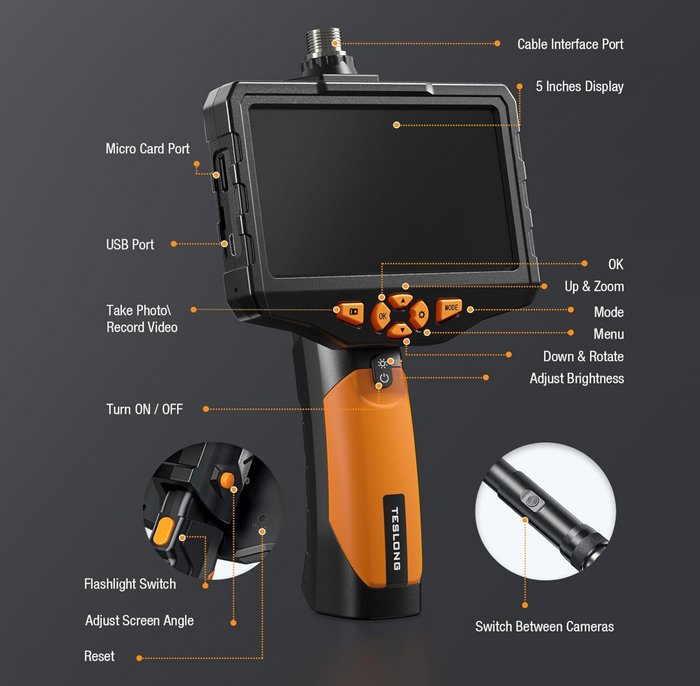 NTS300 rotating lens inspection camera with 5-inch screen, 32GB card and USB-C charging