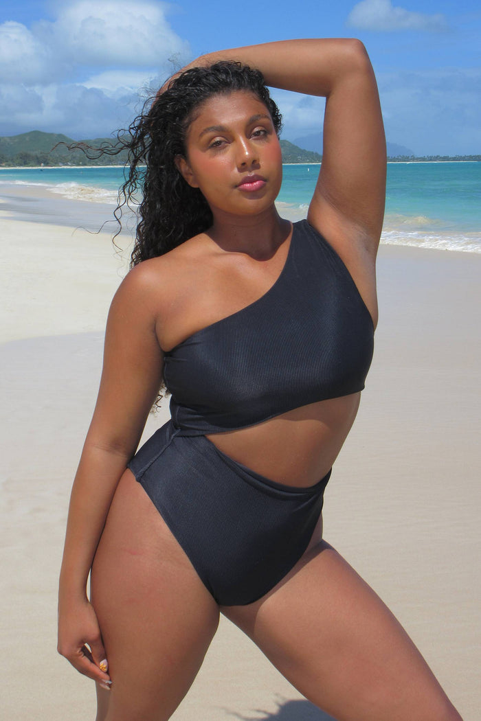 black ribbed cut out one piece swimsuit