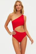 red ribbed swim suit
