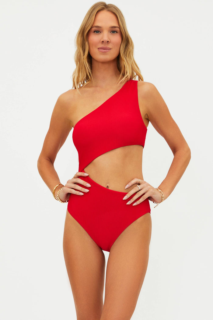 red ribbed swim suit