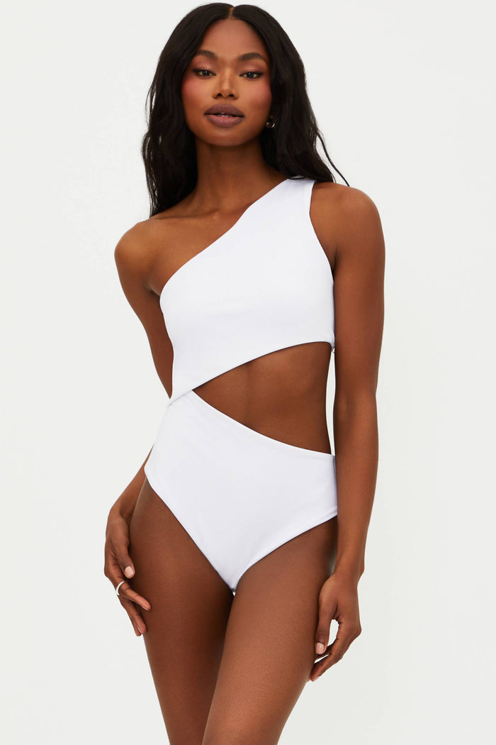 white ribbed one piece swimsuit