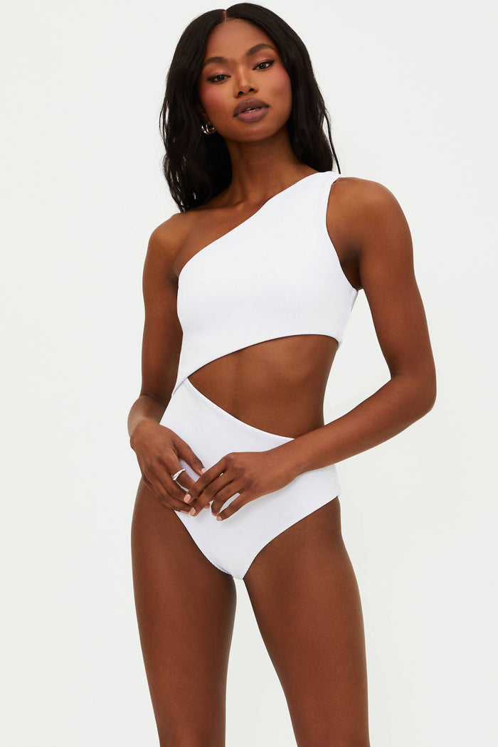 white ribbed one piece swimsuit
