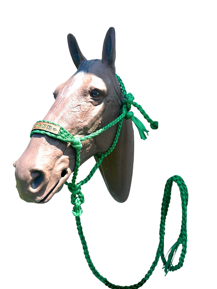 Personalized Kelley Green Braided mule tape horse halter with lead