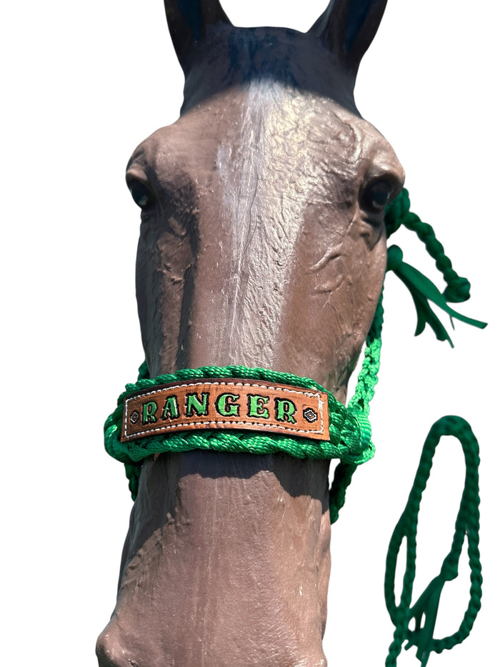 Personalized Kelley Green Braided mule tape horse halter with lead