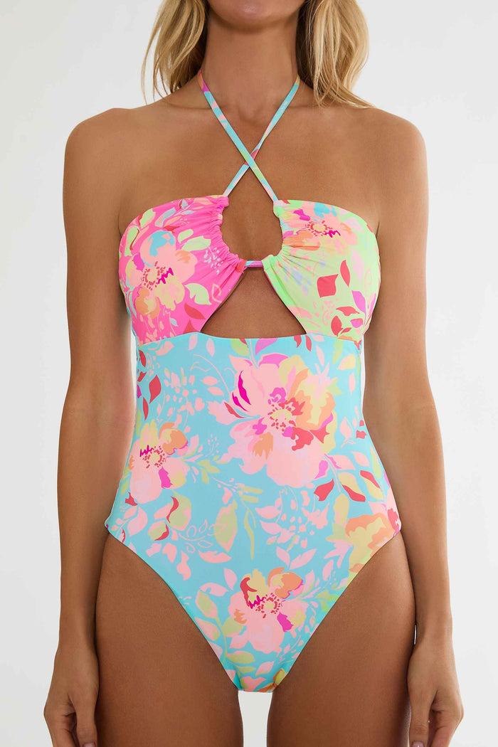 Multicolored floral one-piece swimsuit on a white background
