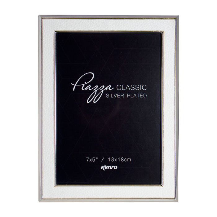 Piazza Classic silver-plated photo frames with white leather inlay on white background