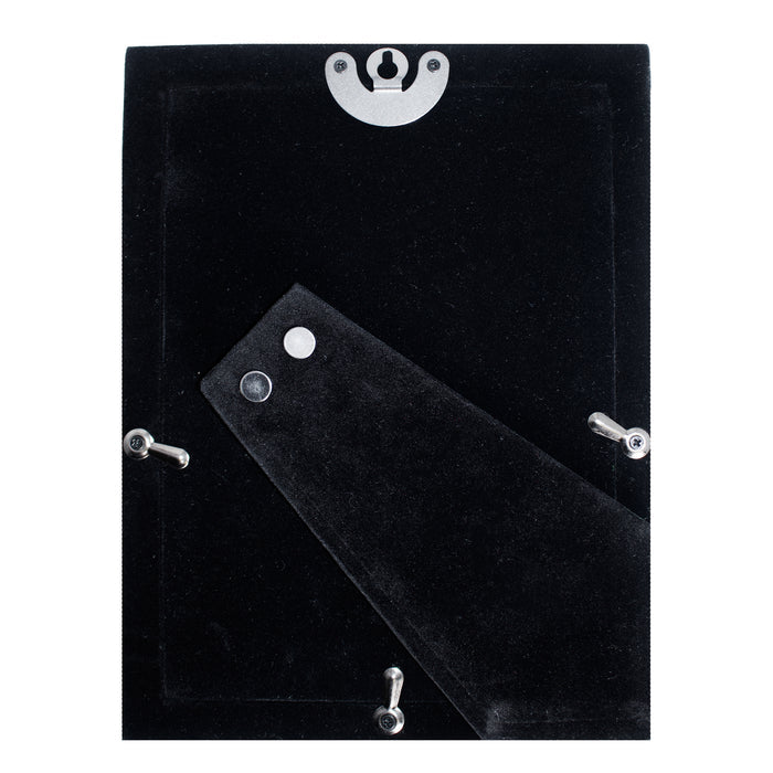 Black velvet back of Piazza Classic silver-plated photo frames showing easel back and hanging hook