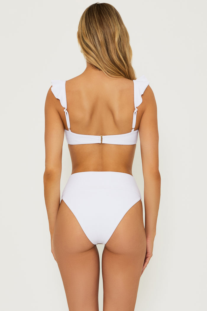 white ribbed swim top with ruffled sleeve