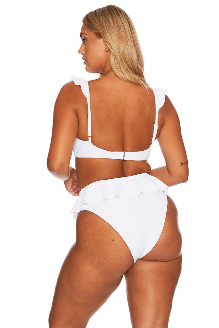 white ribbed swim top with ruffled sleeve