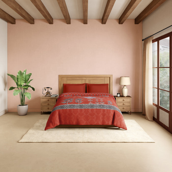 Rangana Digital 100% Cotton Double Quilt, 300 TC, Ornate, Coral