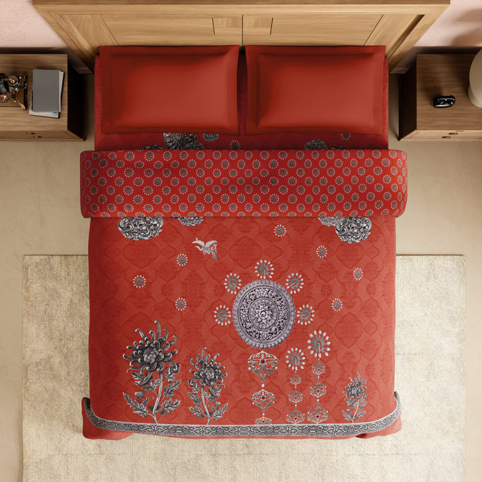 Rangana Digital 100% Cotton Double Quilt, 300 TC, Ornate, Coral