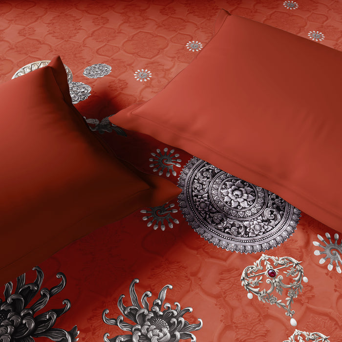 Rangana Digital 100% Cotton Double Quilt, 300 TC, Ornate, Coral