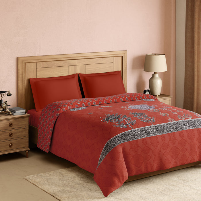 Rangana Digital 100% Cotton Double Quilt, 300 TC, Ornate, Coral