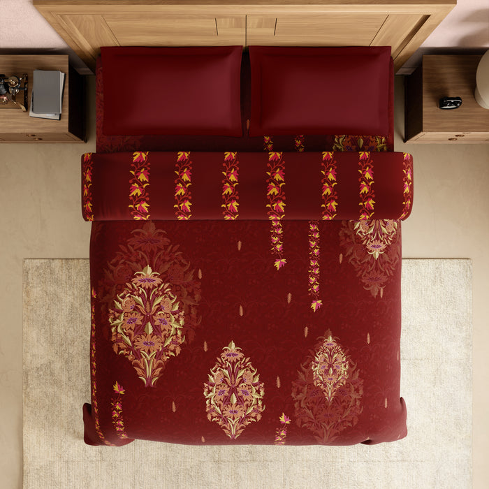 Rangana Digital 100% Cotton Double Quilt, 300 TC, Ornate, Dark Red