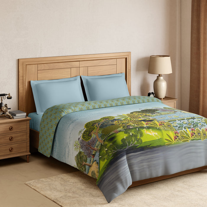 Rangana Digital 100% Cotton Double Quilt, 300 TC, Ornate, Light Aqua