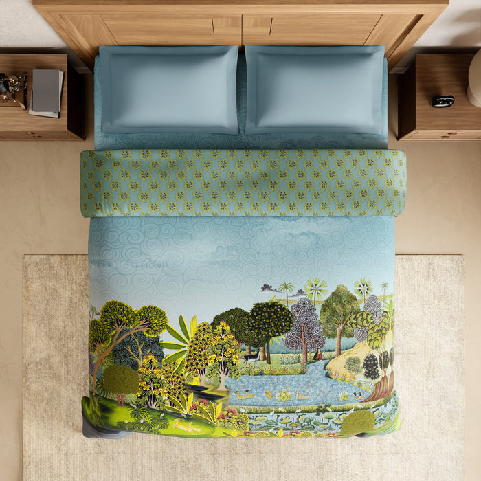 Rangana Digital 100% Cotton Double Quilt, 300 TC, Ornate, Light Aqua