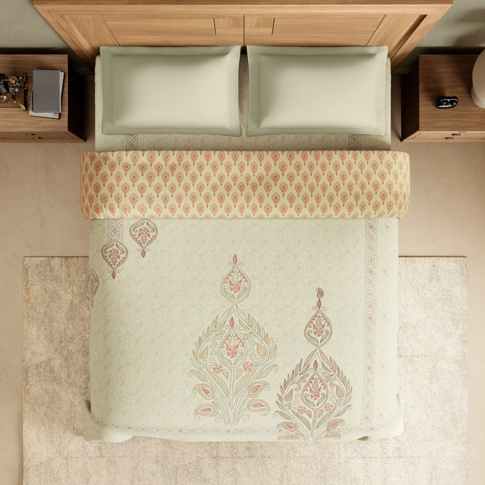 Rangana Digital 100% Cotton Double Quilt, 300 TC, Ornate, Light Yellow