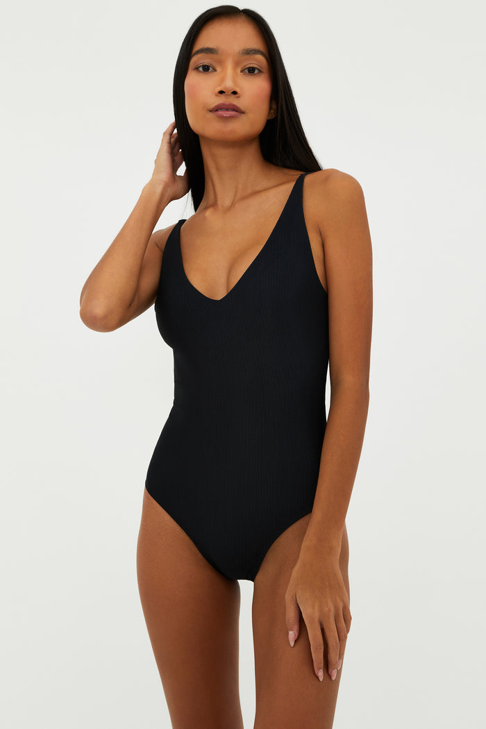 black ribbed one piece