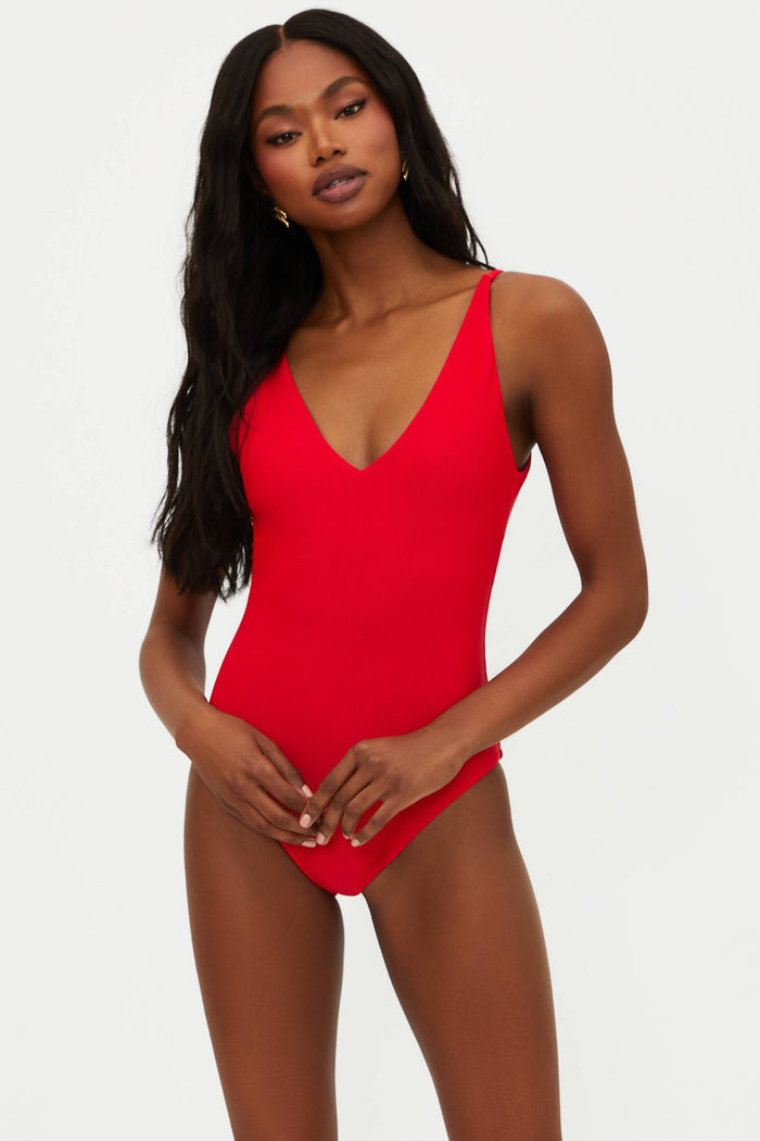 red ribbed one piece swimsuit
