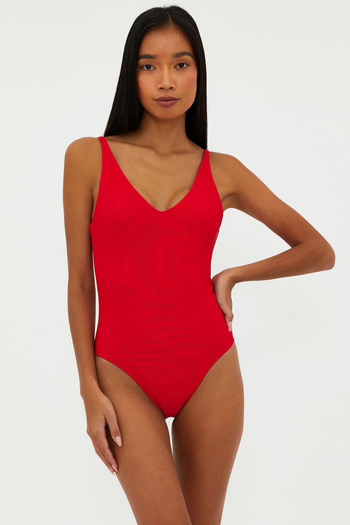 red ribbed one piece swimsuit