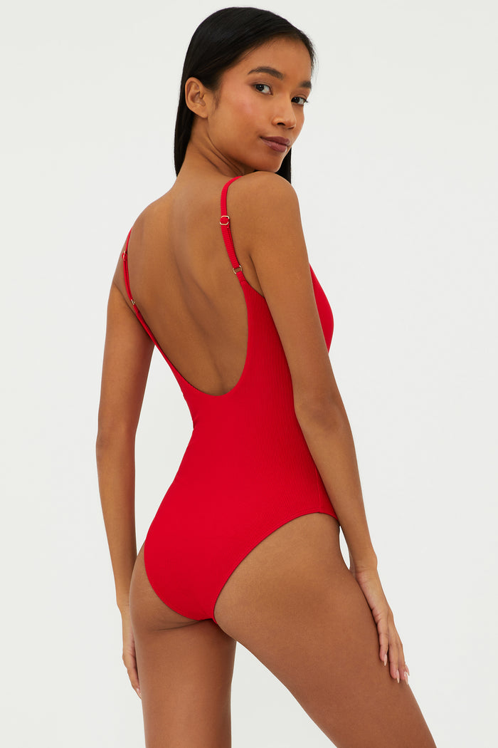 red ribbed one piece swimsuit