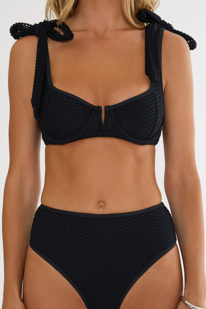 Black crochet swimsuit.