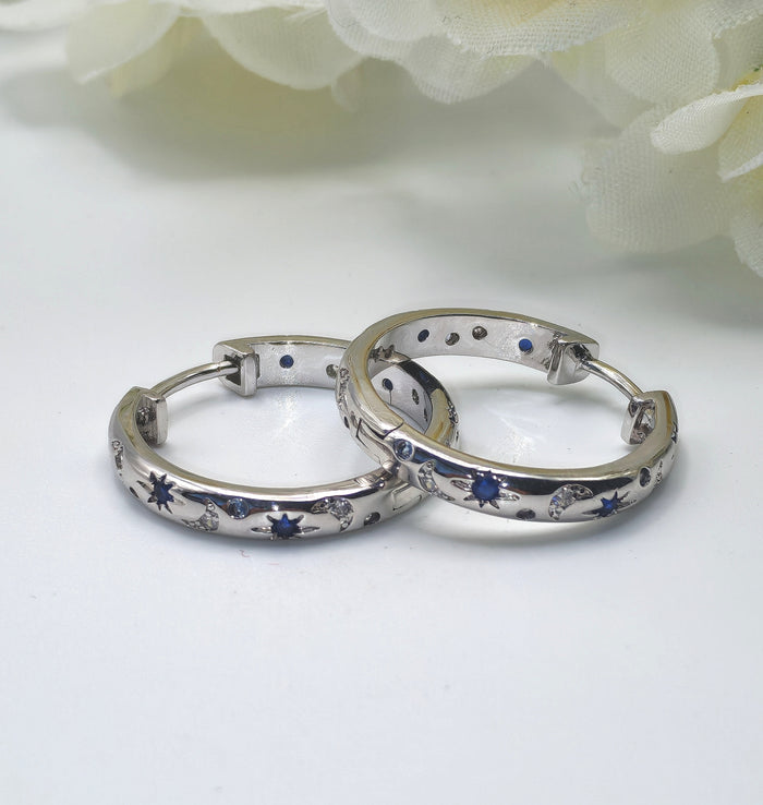 Small 925 Sterling Silver Moon & Star Hoop Earrings