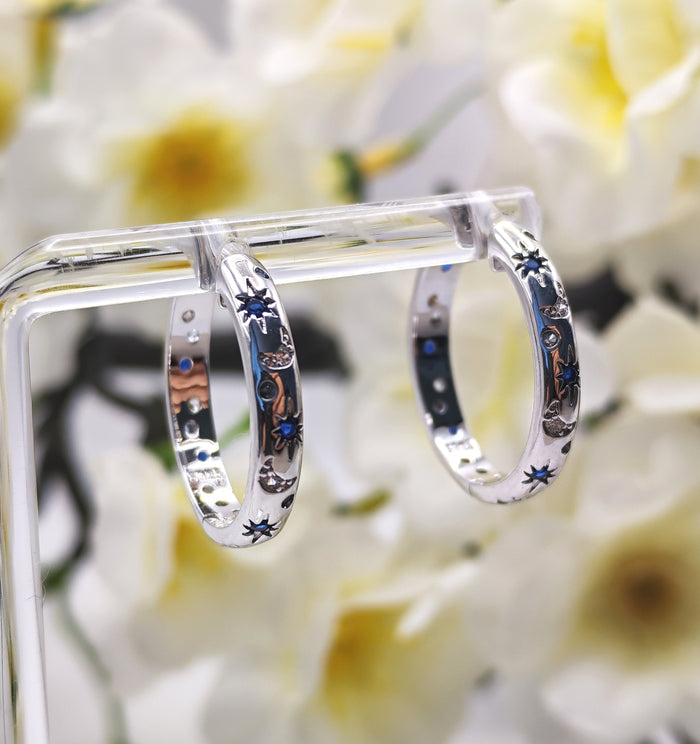 Small 925 Sterling Silver Moon & Star Hoop Earrings