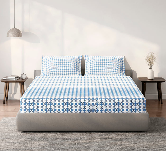 Spaces Aeris Blue Geometric 100% Cotton 144 TC Queen Fitted Sheet