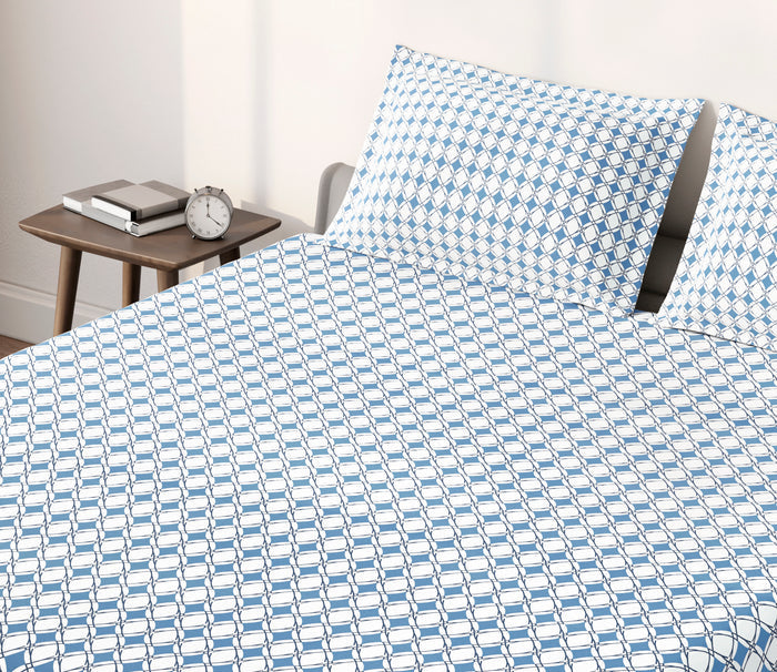 Spaces Aeris Blue Geometric 100% Cotton 144 TC Queen Fitted Sheet