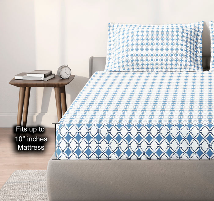 Spaces Aeris Blue Geometric 100% Cotton 144 TC Queen Fitted Sheet
