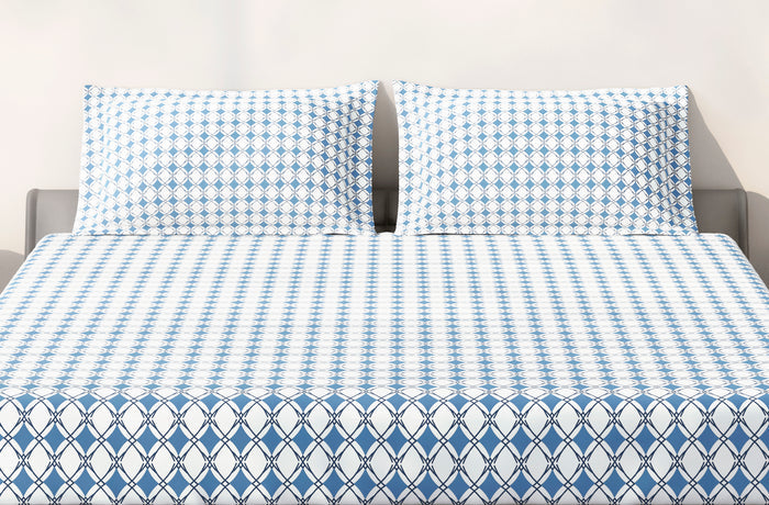 Spaces Aeris Blue Geometric Cotton 144TC Percale Large Bedsheet Set