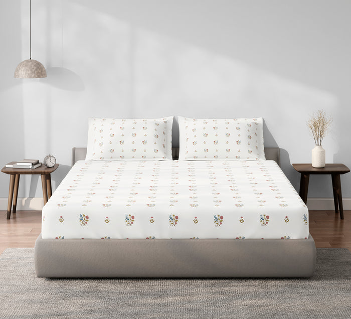 Spaces Aeris Cream Floral Cotton 144TC Percale Large Bedsheet Set