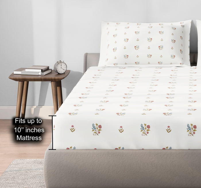 Spaces Aeris Cream Floral Cotton 144TC Percale Large Bedsheet Set