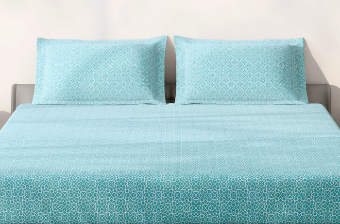 Spaces Aeris Light Aqua Geoemtric Cotton 144TC Percale Large Bedsheet Set