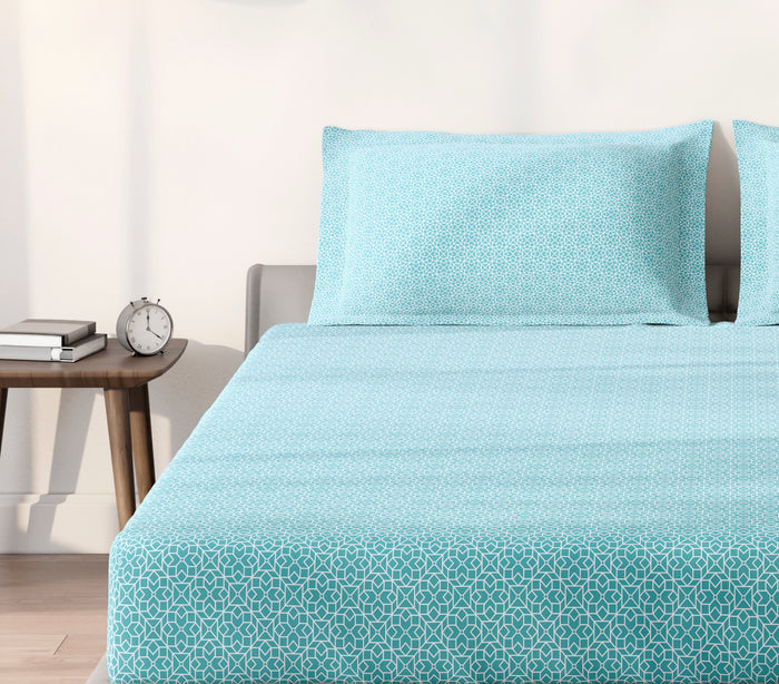 Spaces Aeris Light Aqua Geometric 100% Cotton 144 TC Queen Fitted Sheet