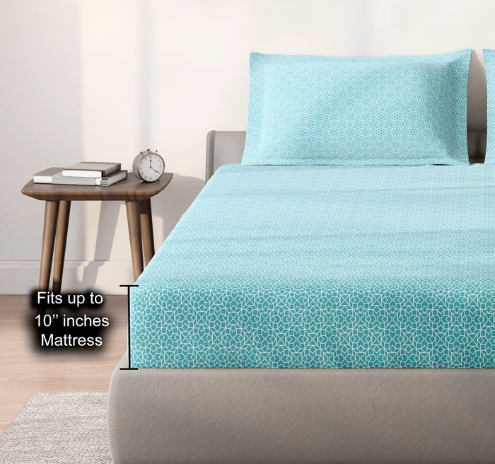 Spaces Aeris Light Aqua Geometric 100% Cotton 144 TC Queen Fitted Sheet