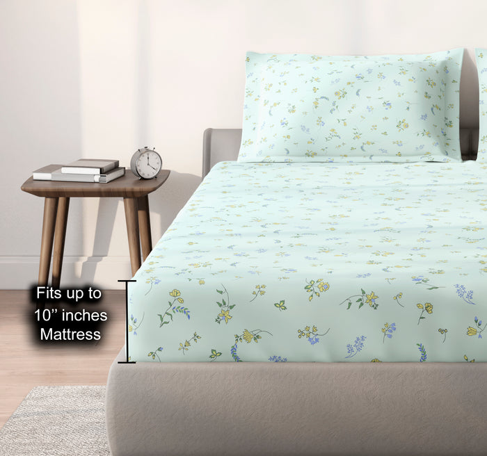Spaces Aeris Light Blue Floral 100% Cotton 144 TC Queen Fitted Sheet