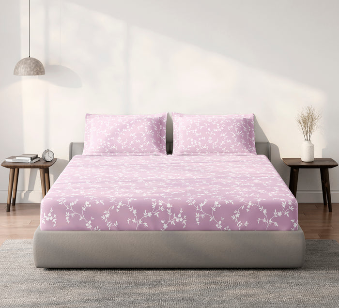 Spaces Aeris Light Pink Floral 100% Cotton 144 TC Queen Fitted Sheet