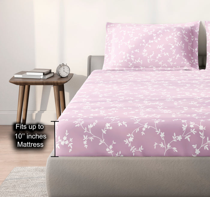 Spaces Aeris Light Pink Floral 100% Cotton 144 TC Queen Fitted Sheet