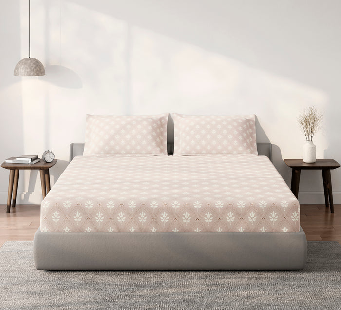Spaces Aeris Light Taupe Floral Cotton 144TC Percale Large Bedsheet Set