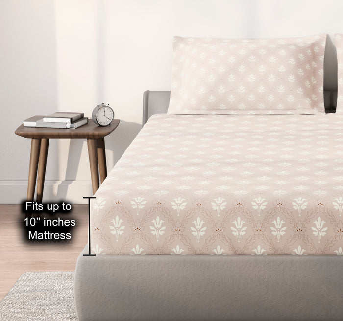 Spaces Aeris Light Taupe Floral Cotton 144TC Percale Large Bedsheet Set