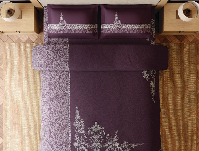 Spaces Bidriware 100% Cotton 300 TC Floral Dark Violet Festive Large Bedsheet with 2 Pillow Covers - 108 x 108 Inches