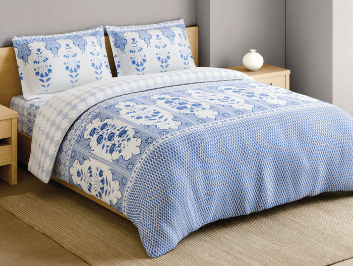 Spaces Blue Pottery 100% Cotton 210 TC Floral Light Blue Festive Large Bedsheet with 2 Pillow Covers - 108 x 108 Inches
