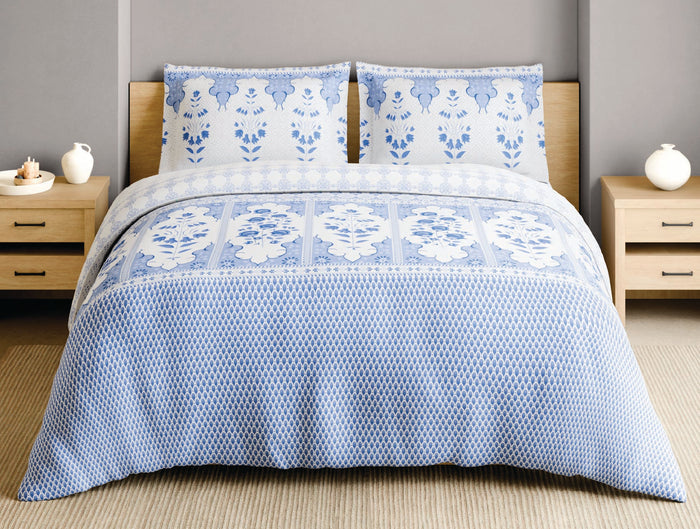 Spaces Blue Pottery 100% Cotton 210 TC Floral Light Blue Festive Large Bedsheet with 2 Pillow Covers - 108 x 108 Inches