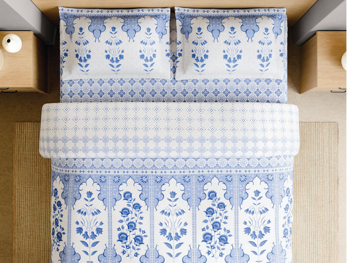 Spaces Blue Pottery 100% Cotton 210 TC Floral Light Blue Festive Large Bedsheet with 2 Pillow Covers - 108 x 108 Inches