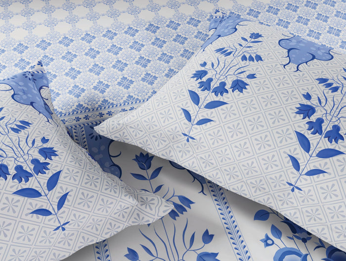 Spaces Blue Pottery 100% Cotton 210 TC Floral Light Blue Festive Large Bedsheet with 2 Pillow Covers - 108 x 108 Inches