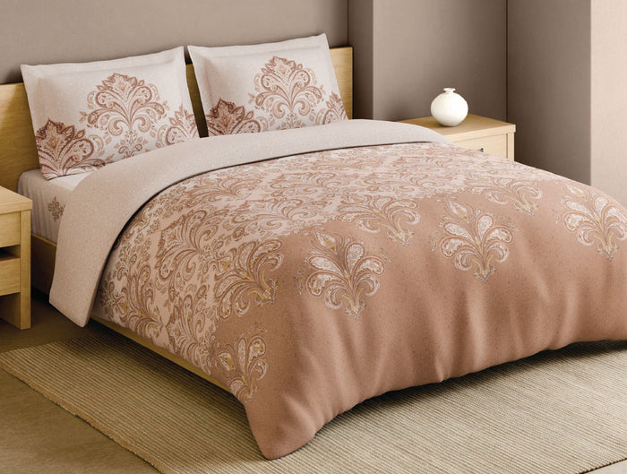 Spaces Blue Pottery 100% Cotton 210 TC Ornate Light Peach Festive Large Bedsheet with 2 Pillow Covers - 108 x 108 Inches
