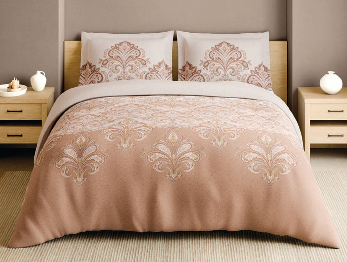 Spaces Blue Pottery 100% Cotton 210 TC Ornate Light Peach Festive Large Bedsheet with 2 Pillow Covers - 108 x 108 Inches